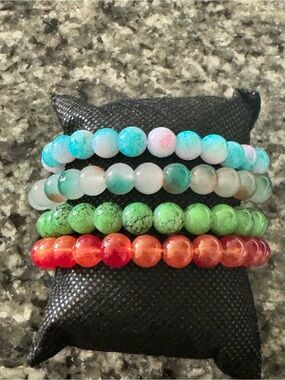 Colorful Beaded Stretch Bracelet Set - Blue, Green, Red